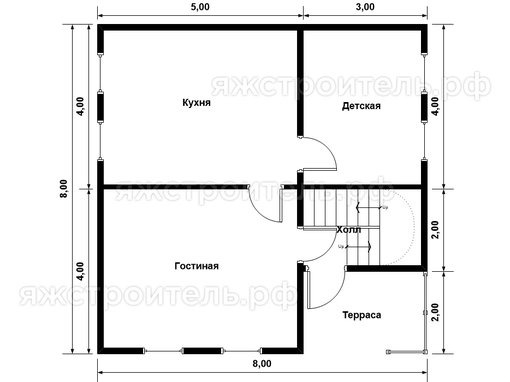 ДК-29 - каркасный дом 8х8 - планировка 1 этажа