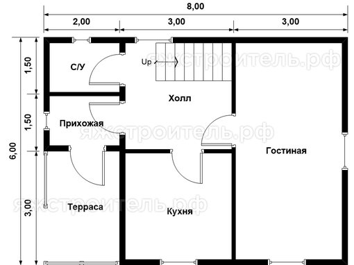 ДК-41 - каркасный дом 8х6 - планировка 1 этажа