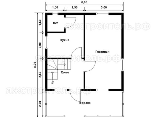 ДК-42 - каркасный дом 8х6 - планировка 1 этажа