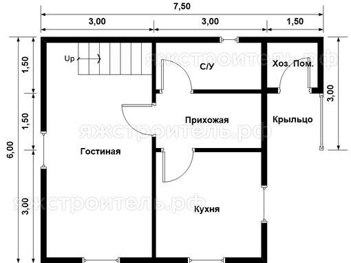 ДК-43 - каркасный дом 7.5х6 - планировка 1 этажа