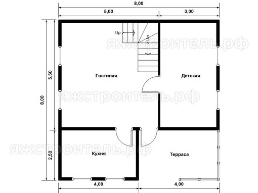 ДК-47 - каркасный дом 8х8 - планировка 1 этажа