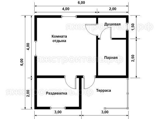 КБ-02 - каркасная баня 6х6 - планировка 1 этажа