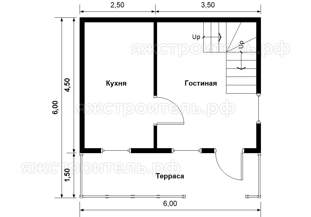 ДК-21 - каркасный дом 6х6 - планировка 1 этажа