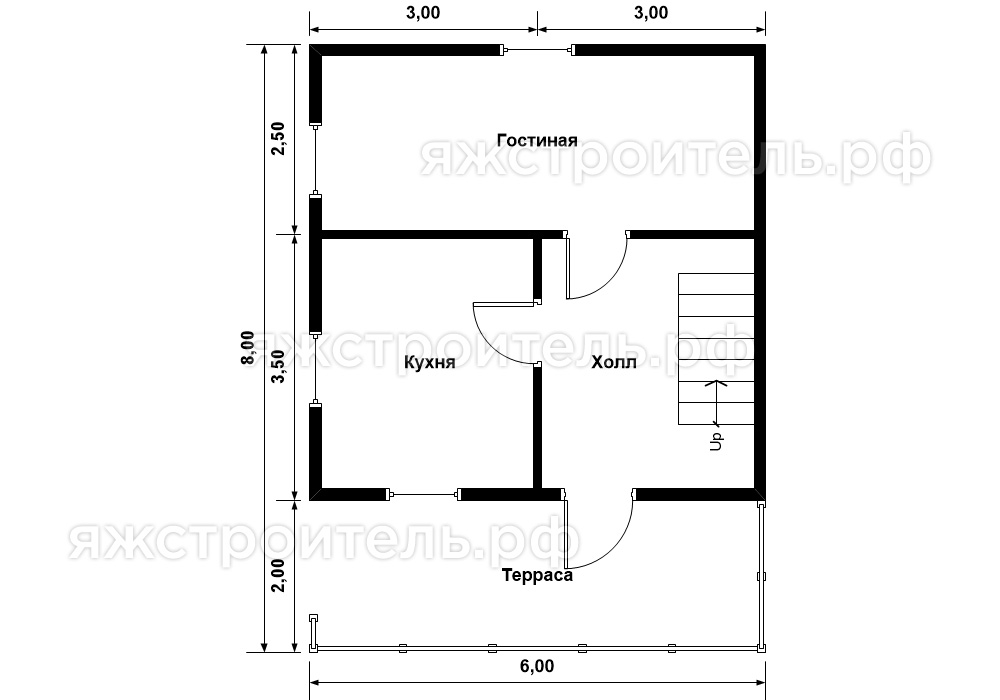 ДК-22 - каркасный дом 8х6 - планировка 1 этажа