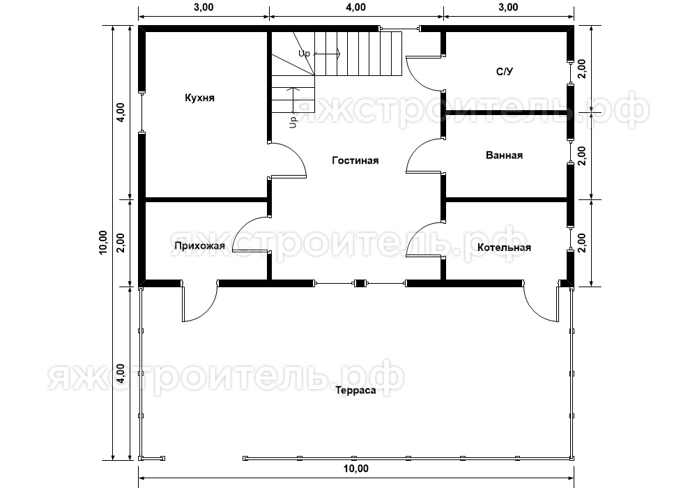 ДК-28 - каркасный дом 10х10 - планировка 1 этажа