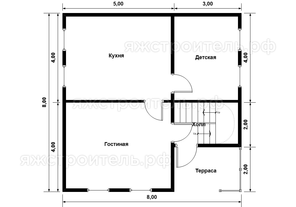 ДК-29 - каркасный дом 8х8 - планировка 1 этажа
