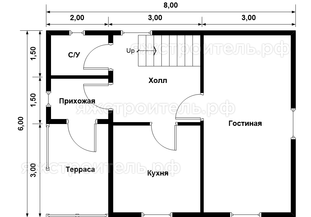 ДК-41 - каркасный дом 8х6 - планировка 1 этажа