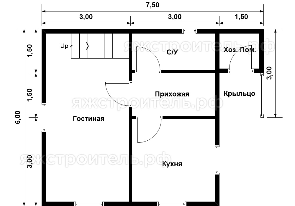 ДК-43 - каркасный дом 7.5х6 - планировка 1 этажа