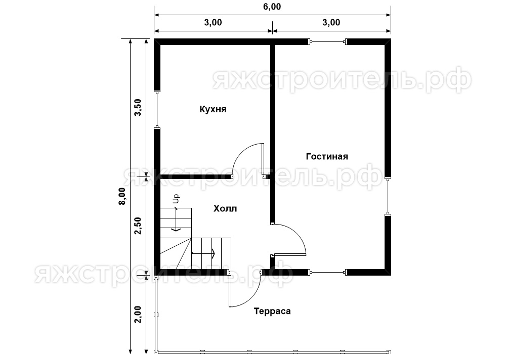 ДК-45 - каркасный дом 8х6 - планировка 1 этажа