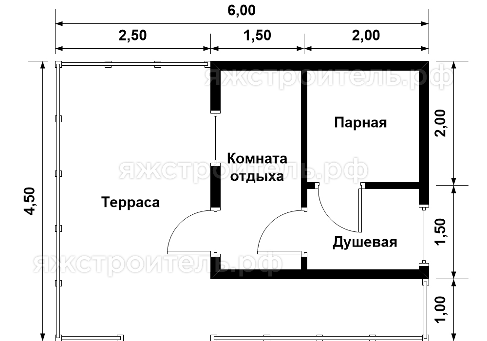 КБ-11 - каркасная баня 6х4.5 - планировка 1 этажа