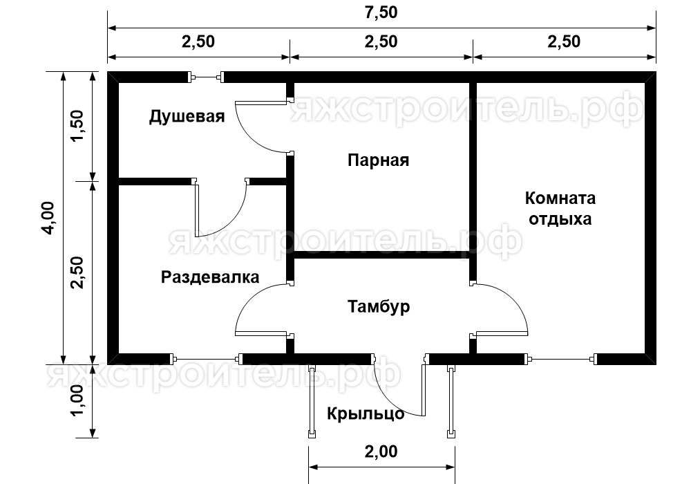 КБ-14 - каркасная баня 7.5х4 - планировка 1 этажа